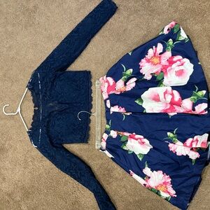Floral Skirt and Lace Crop Top Set